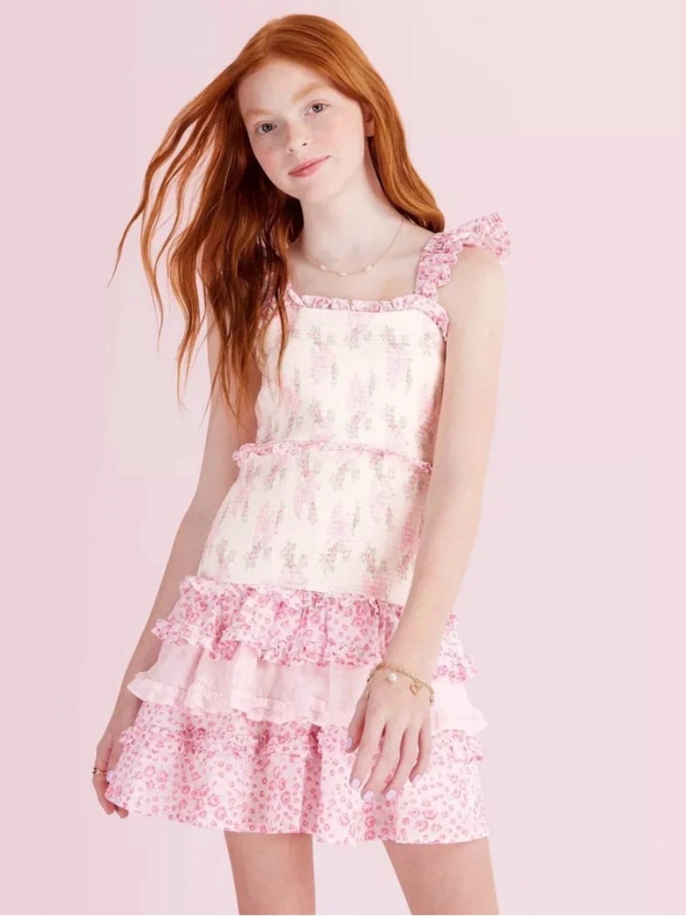 Girls' Evie Blooming Bows Smocked Tiered Ruffle Dress - LoveShackFancy SZ 9